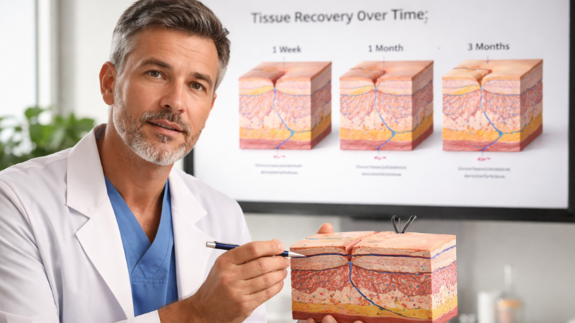 Haeckel Cabral Moraes explica a recuperação tecidual em cirurgia plástica ao longo do tempo.