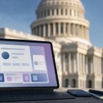 Computador exibindo uma página abstrata de serviços públicos digitais diante de um prédio governamental nos Estados Unidos, sem textos legíveis, logotipos ou números