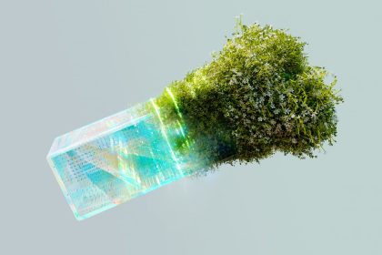 Imagem conceitual que combina elementos de tecnologia e natureza para representar o uso sustentável da inteligência artificial.