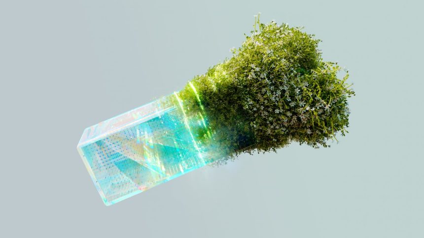 Imagem conceitual que combina elementos de tecnologia e natureza para representar o uso sustentável da inteligência artificial.