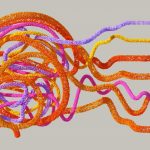 Ilustração 3D abstrata de uma rede neural com conexões luminosas e fluxo de dados.