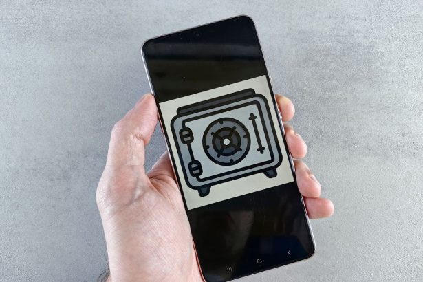 Mão segura um smartphone que exibe um ícone de segurança na tela.