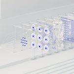 Representação abstrata de uma rede neural artificial com fluxos luminosos de dados em um ambiente digital.