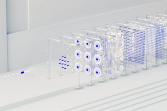 Representação abstrata de uma rede neural artificial com fluxos luminosos de dados em um ambiente digital.