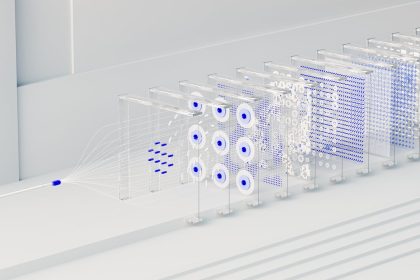 Representação abstrata de uma rede neural artificial com fluxos luminosos de dados em um ambiente digital.