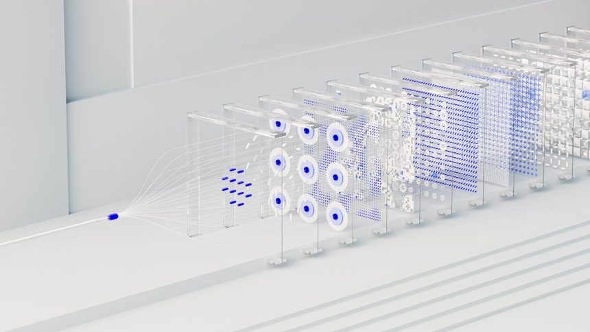 Representação abstrata de uma rede neural artificial com fluxos luminosos de dados em um ambiente digital.