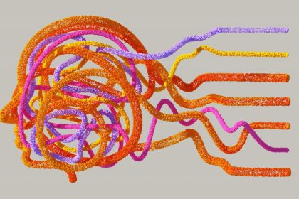 Ilustração 3D abstrata de uma rede neural com conexões luminosas e fluxo de dados.