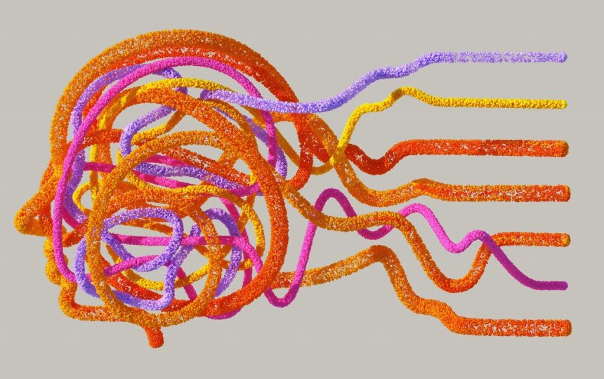 Ilustração 3D abstrata de uma rede neural com conexões luminosas e fluxo de dados.